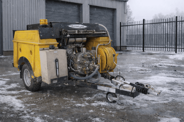 Jetter unit in a yard with snow and ice on the ground